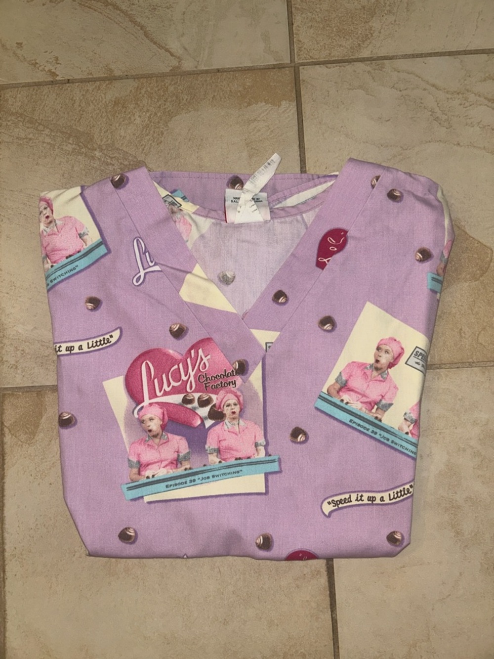 Lucy Lavender Short Sleeve Tee with Retro Lucy's Chocolate Factory Print
